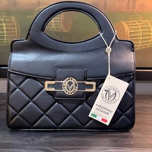 Valentino Orlandi Black Quilted Top-Handle Satchel with Gold Accent